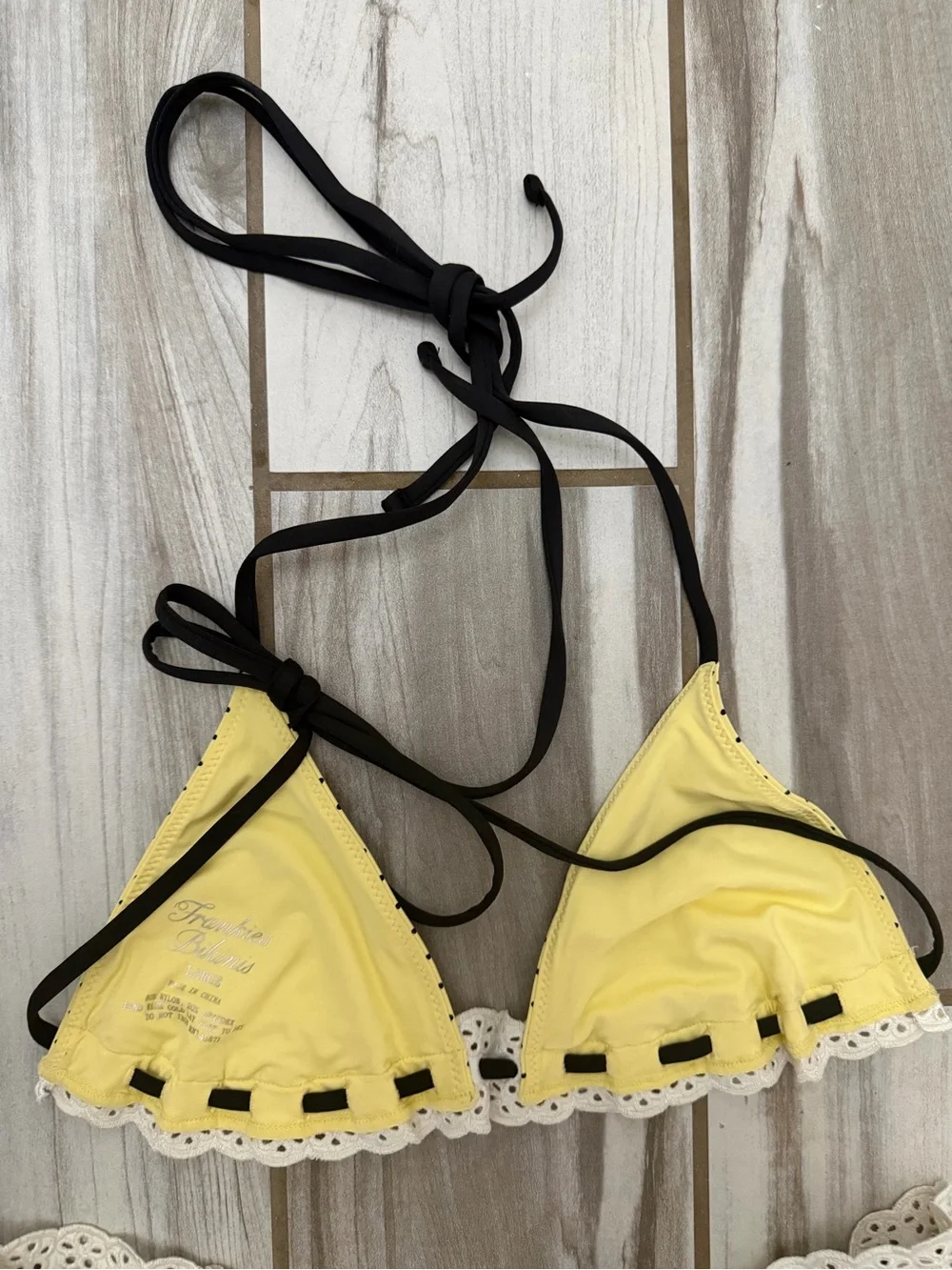 NWT-Frankie's Bikinis, Lana Bikini top, Lacy Micro Bikini bottom in Lemon Dot, L